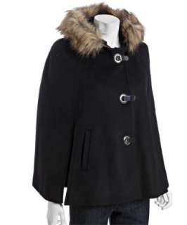 MICHAEL Michael Kors black wool blend faux fur trim hooded cape 