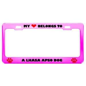 Lhasa Apso Dog Pet Pink Metal License Plate Frame Tag Holder