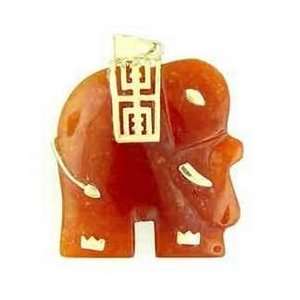    Genuine Red Jade and 14K Gold Indian Elephant Pendant Jewelry