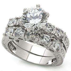 Traditional Engagement Ring Set Rhodium Plated One Plus Ct CZ sizes 5 