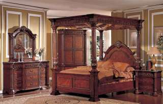   ORNATE QUEEN KING CANOPY CHERRY FINISH WOOD MARBLE BEDROOM SET  