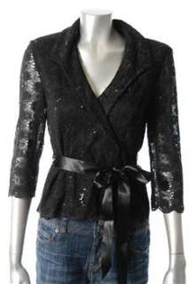 Alex Evenings NEW Black Lace Blouse Belted Top M  