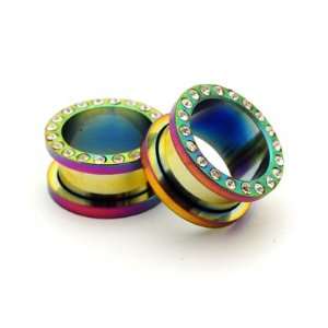   Rainbow Steel Cz Screw on Tunnels   0g   8mm   Sold As a Pair Jewelry