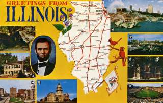 ILLINOIS GREETINGS 9 VIEWS MAP LINCOLN SOLDIERS FIELD +REDUCED $1 TO 3 