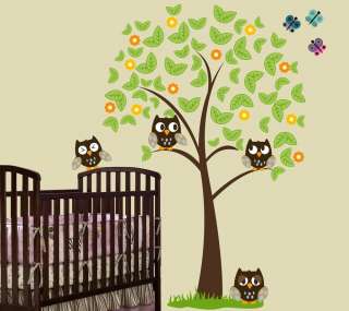 FT BIG Tree with 4 OWLS, Butterflies and Grass Wall Decal Sticker 