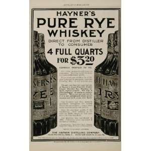  1901 Ad Hayner Pure Rye Whiskey Whisky Bottles Dayton 