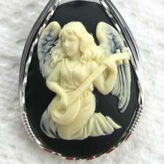 Angel Playing Harp Cameo Pendant Sterling Silver Artisan Jewelry 