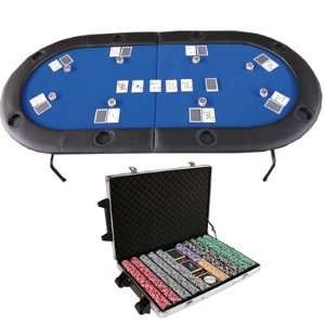 73 BLUE 8 PLAYER CASINO POKER TABLE + 1000pc Poker Chip Set:  