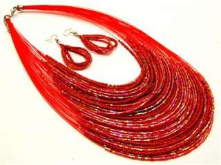 RED MULTI LAYER SEED BEAD 60 STRING NECKLACE SET  