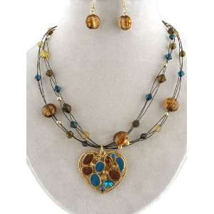   Metal Heart Murano Glass Necklace and Earrings Set