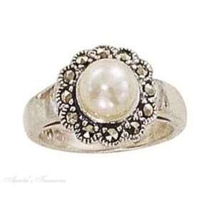   Silver Marcasite Flower Faux White Pearl Ring Size 10 Jewelry