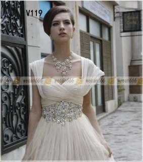 White/Ivory Wedding Dress Evening Gown Chiffon Rhinestone Cap Sleeve 