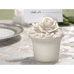   Glass Candle/Place Card Holder w/ Rose Top Pearl White: Home & Kitchen