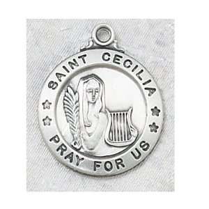Sterling Silver St. Cecilia Medal Round with 20 Rhodium Chain in Gift 