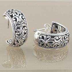 Sterling Silver Scroll Work Bali Hoop Earrings (Indonesia)   