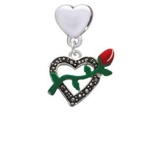  Heart With Red Rose European Heart Charm Dangle Bead 