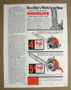 1954 Homelite Chain Saw Ad Do a Days work in an hour  