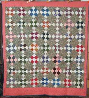 1890s 9 Patch Antique Quilt ~VIBRANT 19.c. FABRICS!  
