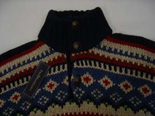   Sweater M Button Silk Wool Linen FairIsle Mens Navy Blue White  