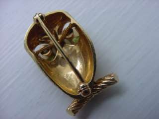 Vintage 14k Solid Gold Owl Pin Brooch Green Eyes 3 D  