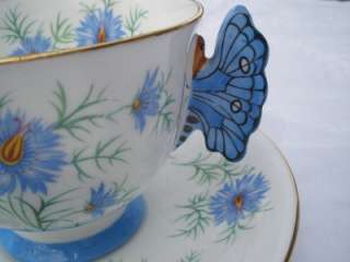 Aynsley China Butterfly Handle Tea Cup & saucer Light Blue Flowers 