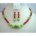   Coral Red Beads w/ Dyed Lime Green Turquoise Beads Necklace Set