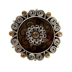   Brown Enamel & Topaz Crystal   Vintage Style Adjustable Ring (Silver