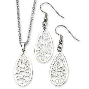  Stainless Steel Floral Teardrop Wire Earrings and Pendant 