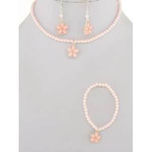 Fashion Jewelry ~ Kids Pearls Set ~ Pink Flower Faux Pearls Necklace 