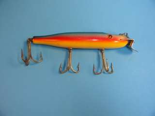  lure wood with glass eyes blue red yellow with white belly this lure