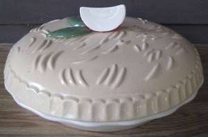 Covered Apple Pie Plate with Recipe Inside Crust Beige  