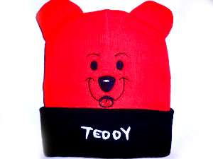 TODDLER KIDS RED BLACK TEDDY BEAR NET BEANIE HAT CAP  