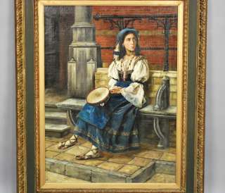   19TH C. FLEMISH OIL ON CANVAS PAINTING TAMBOURINE PLAYER, DATED 1894