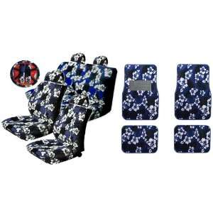  15pc Blue Hawaiian Hibiscus Seat Covers Combo with Front 