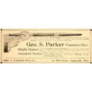 1898 Vintage Ad Geo. S. Parker Fountain Pen Janesville   Original 
