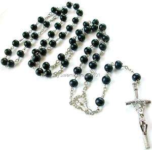 Black Rosary Necklace Wood 5mm beads Papal Cross 26  