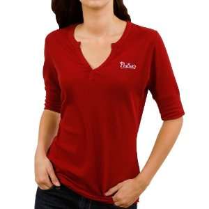   Waffle Knit Premium Split V Neck T Shirt   Red