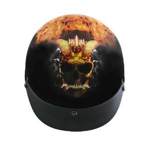  Outlaw Gloss Black with Flaming Horned Skull Half Helmet 
