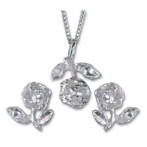  Sterling Silver Rose Earring and Necklace Set: Gold and 