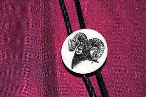 Big Horn Sheep   Etched Cultured Marble Bolo / Bola Tie  