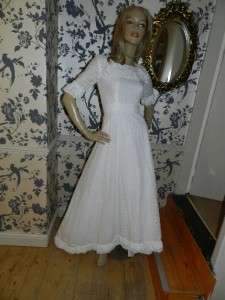 VINTAGE 70s WHITE BRODERIE ANGLAISE TRAILING MAXI WEDDING DRESS 8 