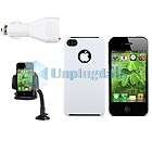 White w/Hole Back Hard Case+Car Holder+Charger For iPhone 4 4th 4G HD 