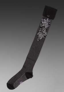 ANNA SUI Floral Ribbed Over the Knee Socks in Black at Revolve 