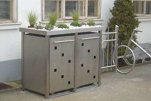 Müllbox aus Edelstahl mit Pflanzenwanne für 2x120L.  