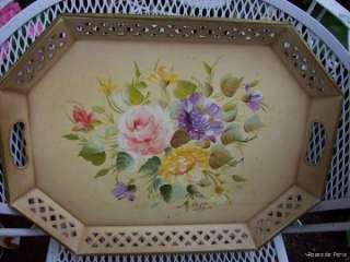 beautiful vintage TOLE TRAY~gorgeous colors~PINK ROSE  
