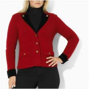 NWT Ralph Lauren Military Style Red Sweater Jacket Black Velvet Trim 