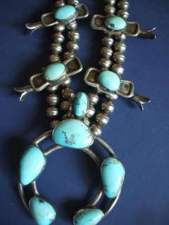 Heavy Vintage NAVAJO SQUASH BLOSSOM NECKLACE Stone Mountain Turquoise 