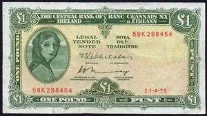 1975 CENTRAL BANK of IRELAND £1 LADY LAVERY NOTE * 59K  