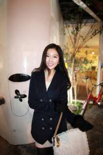 CHIC FUR COLLAR FAUX WOOLEN DOUBLE BREASTED COAT FALSE POCKET NAVY 