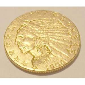 1908 Indian Head $5 Half Eagle Gold Coin, Authentic Collectible 